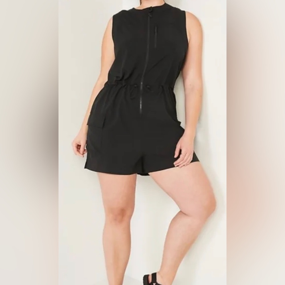 Old Navy army green StretchTech sleeveless zip front cargo romper.